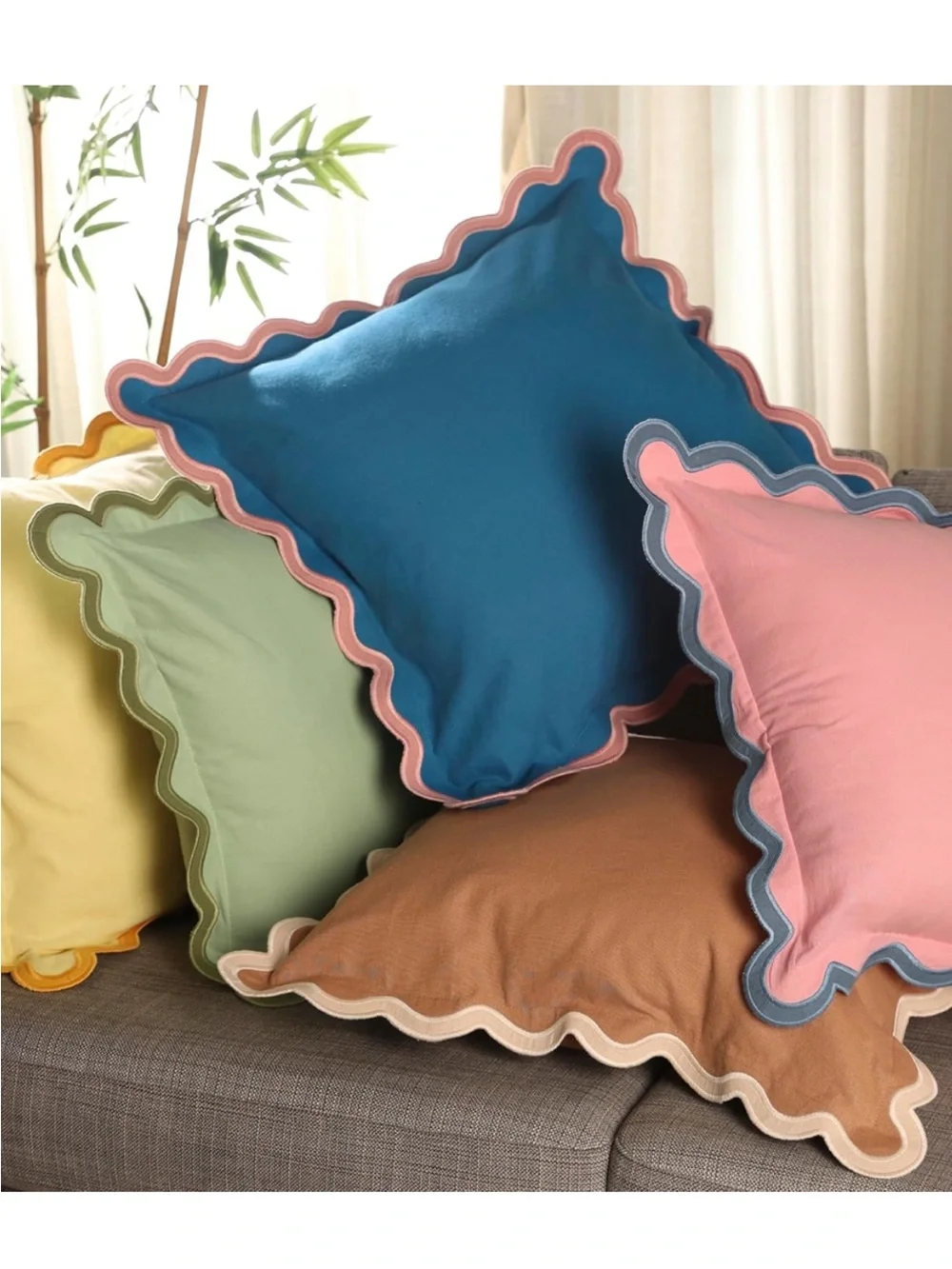 Scalloped Teal Throw Pillow Cover with Pink Trim